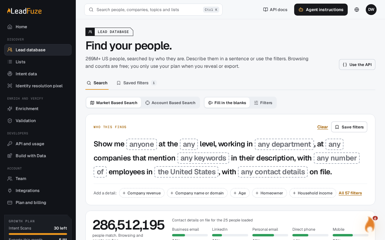 The lead database search page